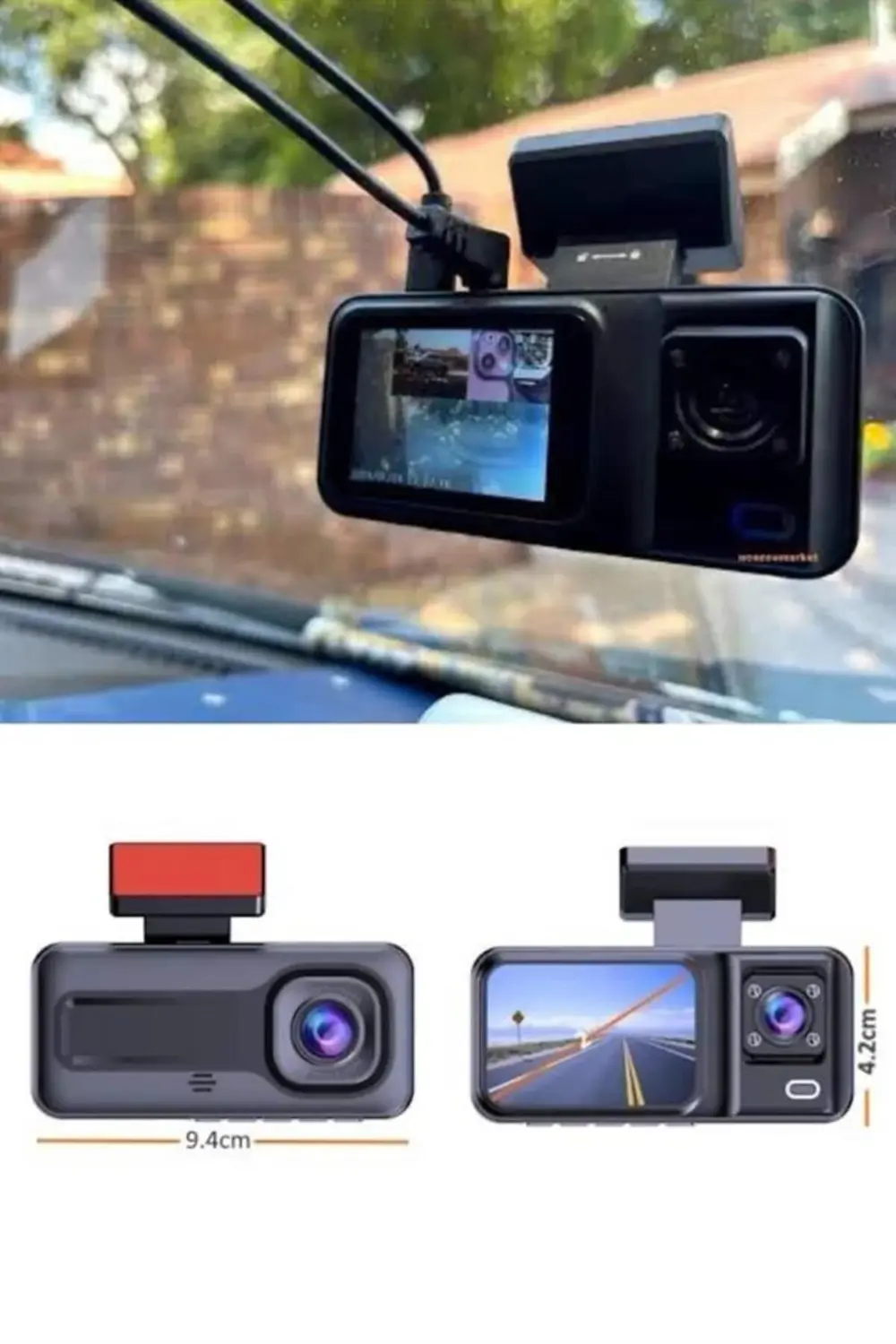 1080P 3 Lensli WİFİ Araç İçi Kameralı Ekran DVR Kaydedici Gece Gö