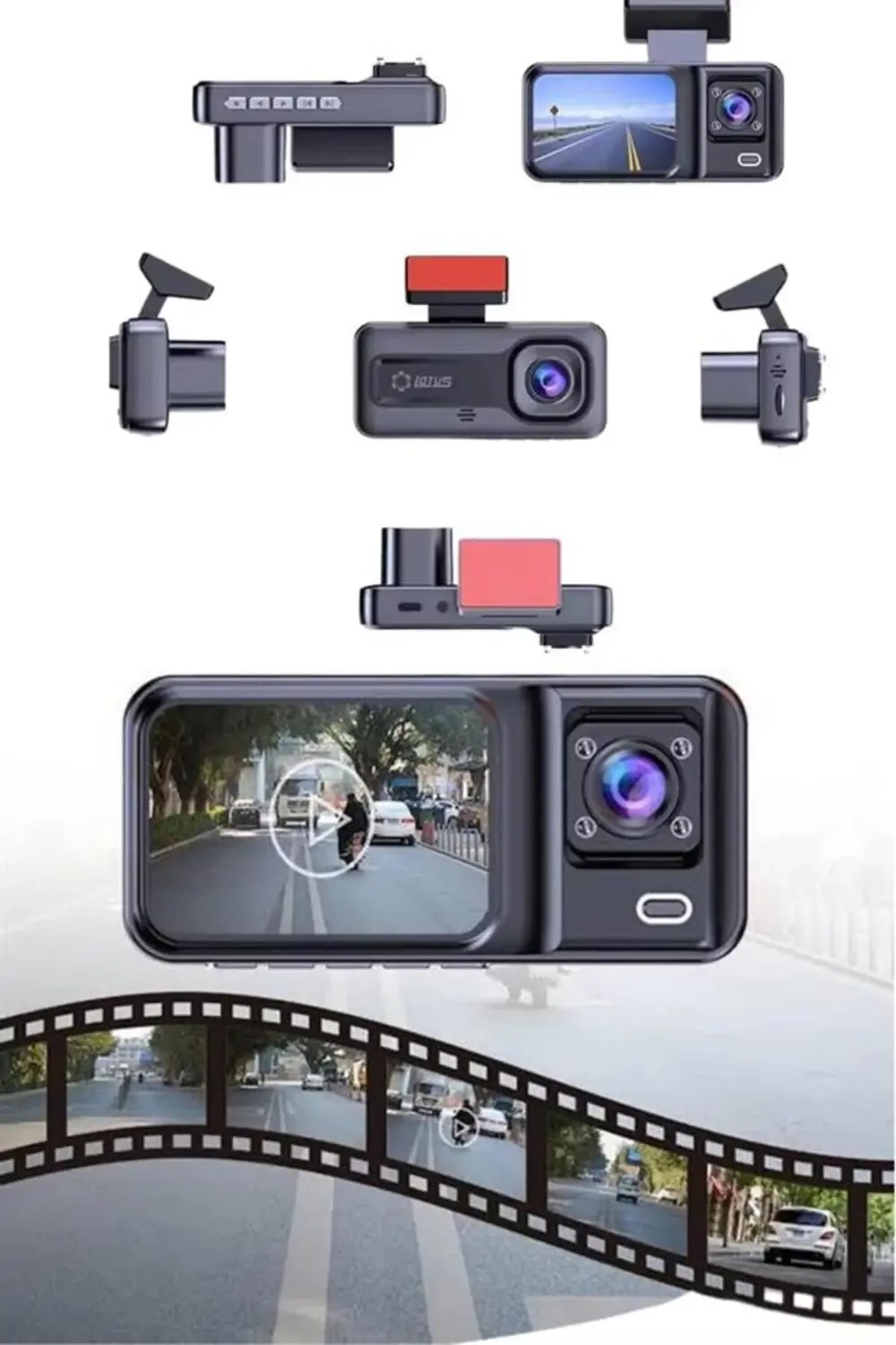 1080P 3 Lensli WİFİ Araç İçi Kameralı Ekran DVR Kaydedici Gece Gö