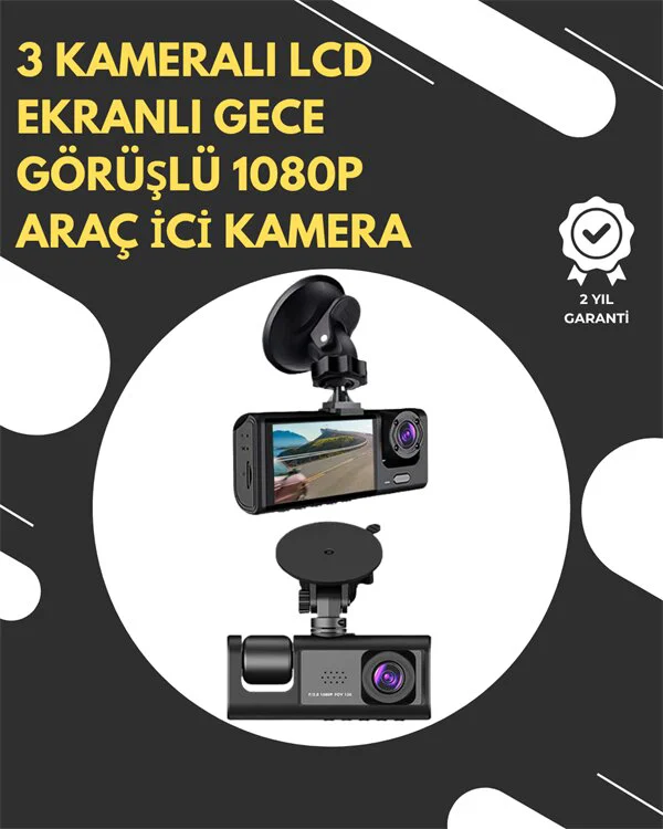 1080p Araç İçi Güvenlik Kamerası - G-Sensör ve Hareket Algılama Destekli 3 Kameralı Sistem