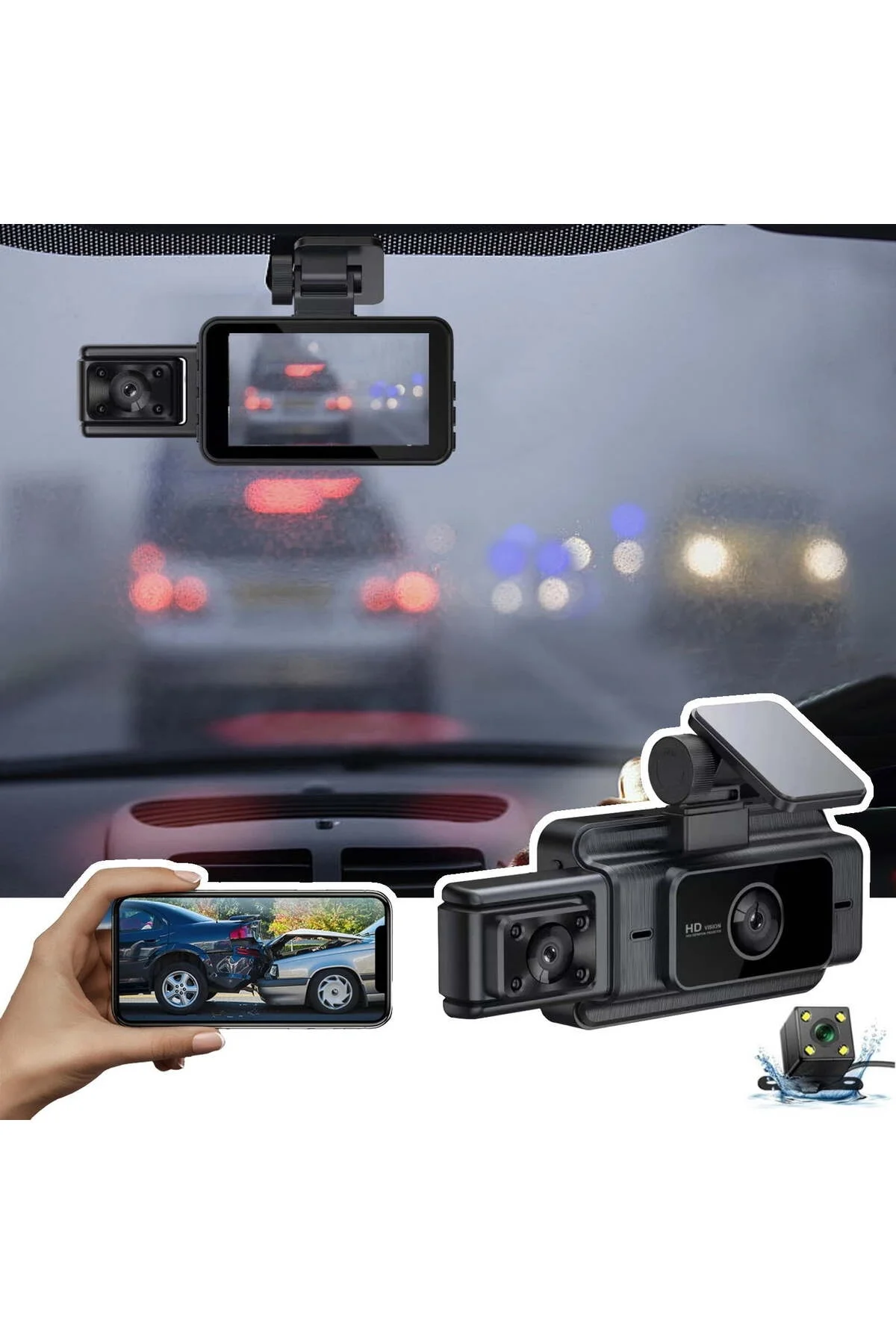 1080P çözünürlüklü gece görüşlü 3 kameralı araç içi video kayıt ve park monitörü Fiyatı, Yorumları ve Özellikleri