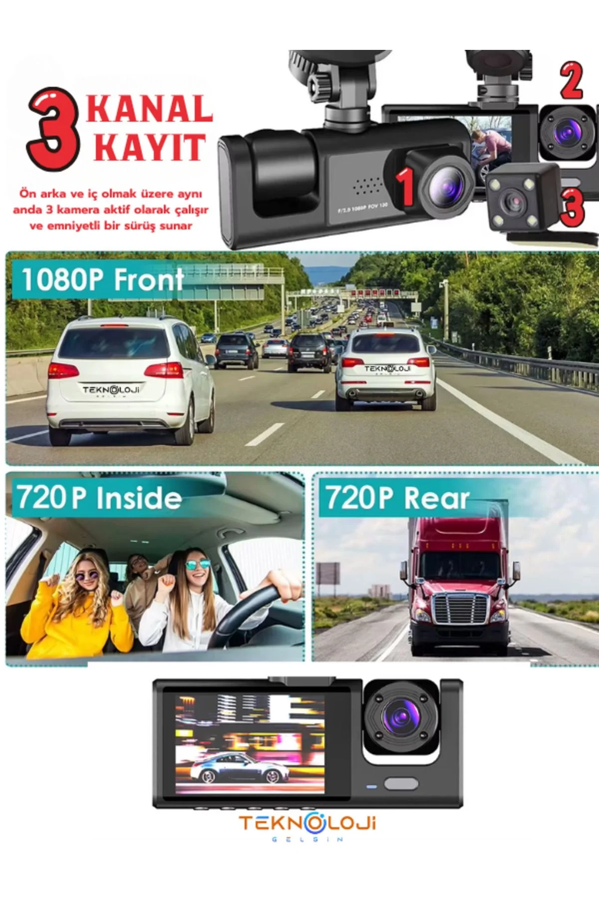 1080P Dash Cam Full Hd Araç içi Kamera Ön Arka ve İç Kayıt 3 Kame