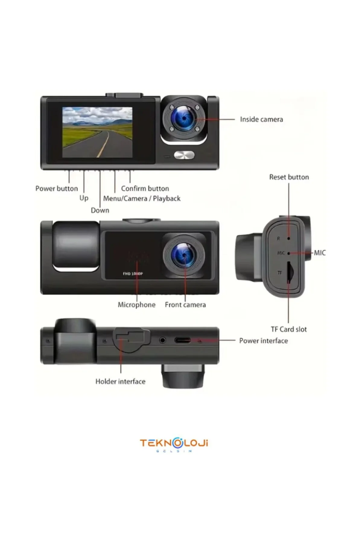1080P Dash Cam Full Hd Araç içi Kamera Ön Arka ve İç Kayıt 3 Kame