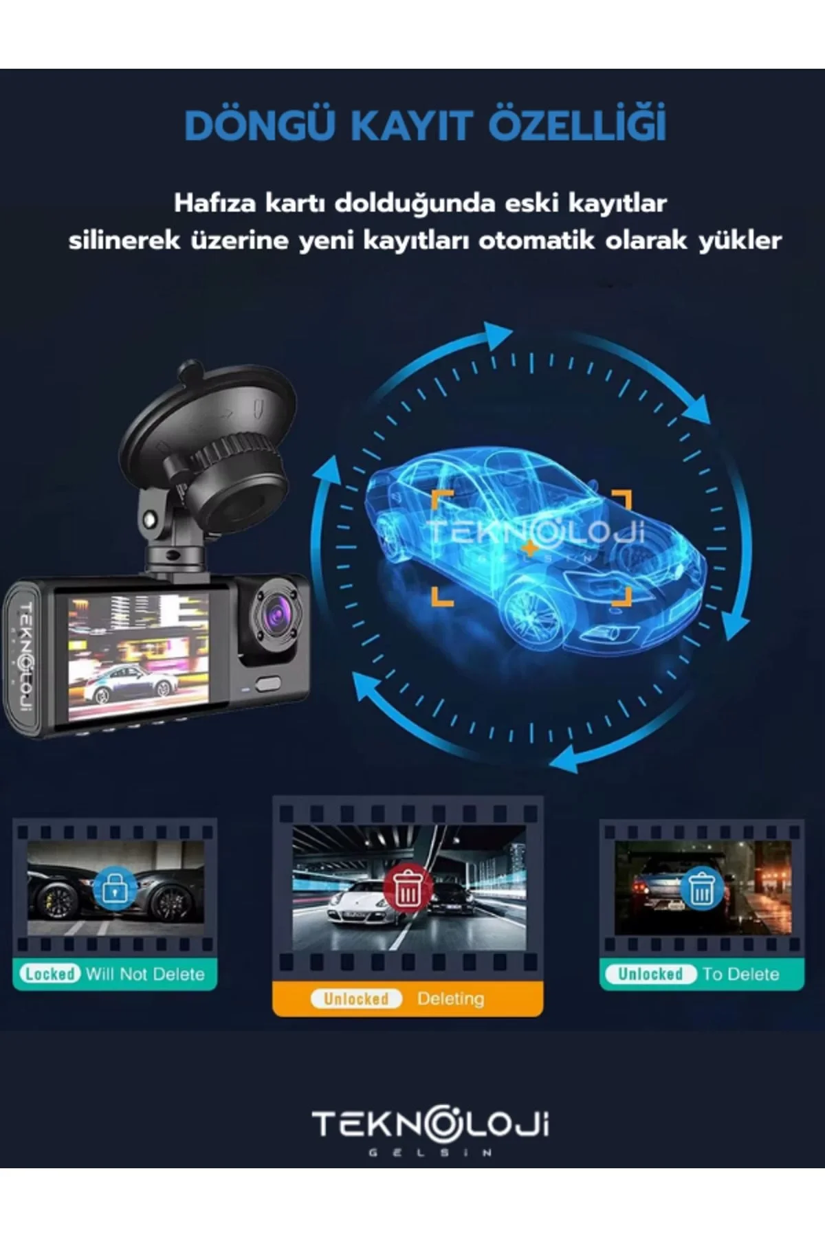 1080P Dash Cam Full Hd Araç içi Kamera Ön Arka ve İç Kayıt 3 Kame
