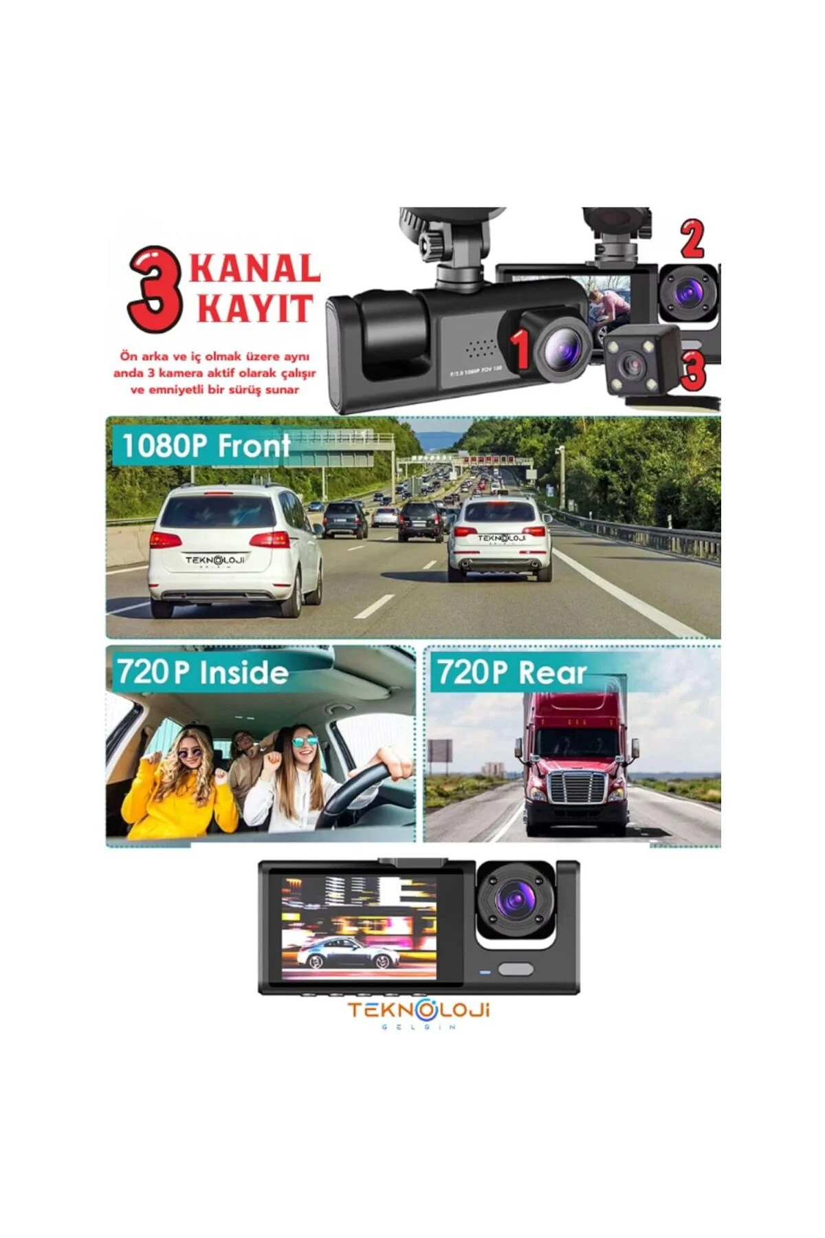 1080P Dash Cam Full Hd Araç içi Kamera Ön Arka ve İç Kayıt 3 Kame