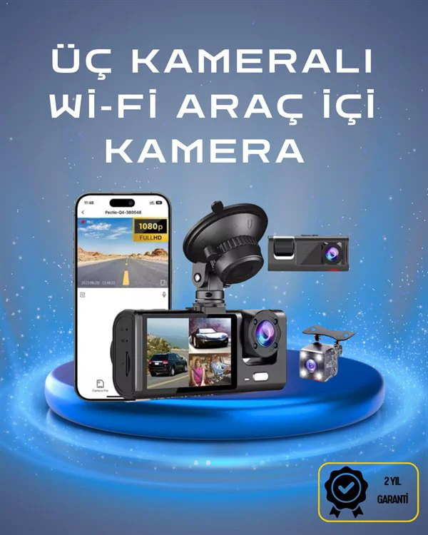 1080p Full HD Araç İçi Kamera – 3 Kamera G-Sensörlü, Gece Görüşlü ve Otomatik Kilitlenme Özelliği