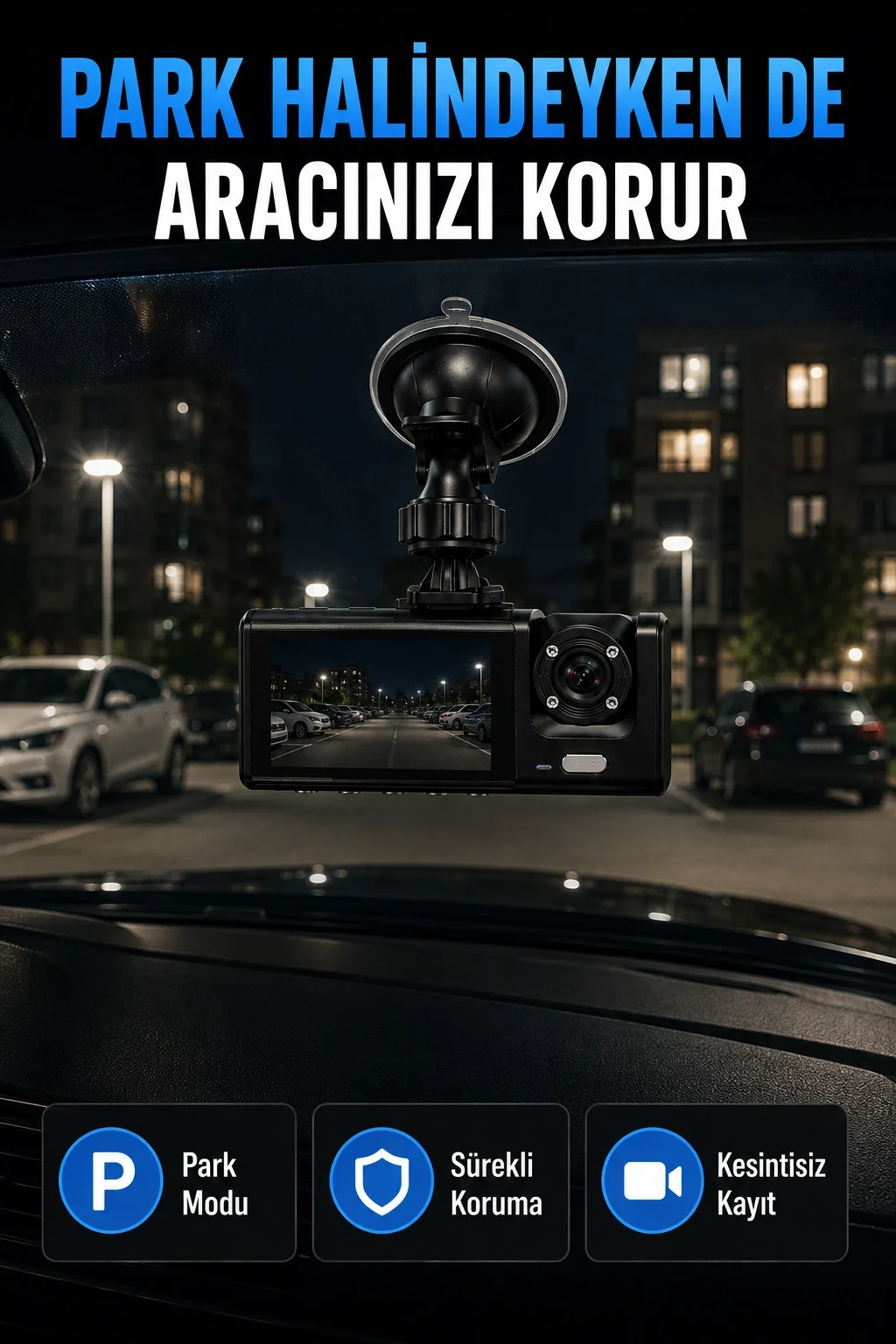 1080P Full HD Araç İçi Kamera WiFi Bağlantılı Çift Kameralı Geniş Açılı Araç Kayıt Kamerası