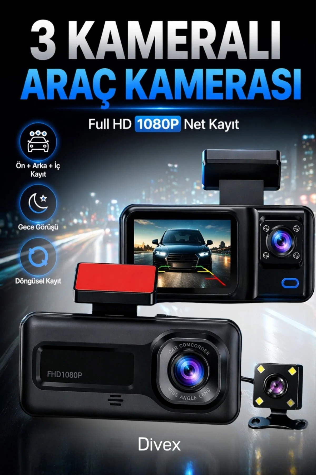 1080p HD 3 Kameralı Araç Kamerası Ön Arka İç Kayıt ve Park Destekli Gece Görüşlü