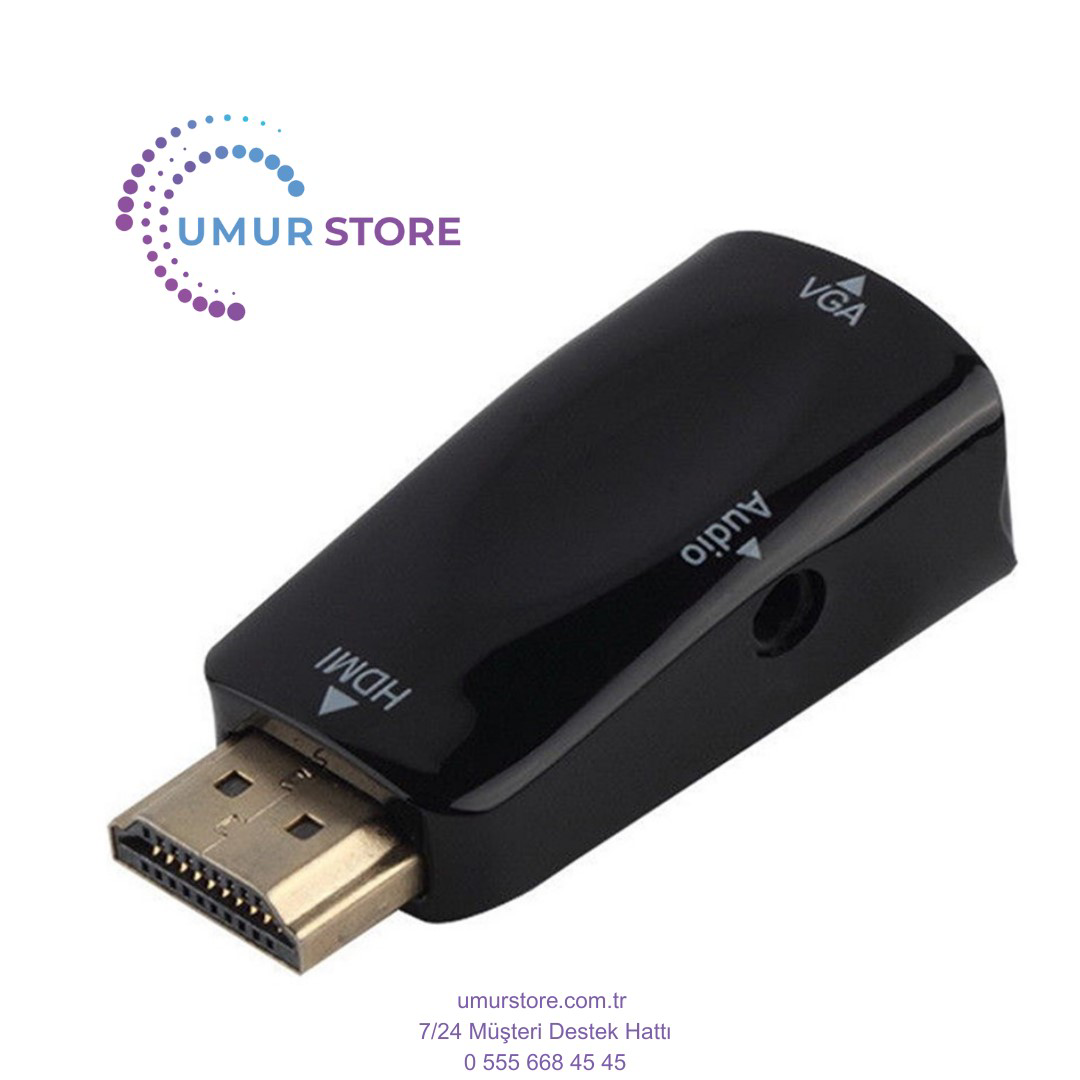 1080P HDMI Erkek - VGA Dişi Adaptör 3,5 mm Ses Çıkış Kablosu Siya