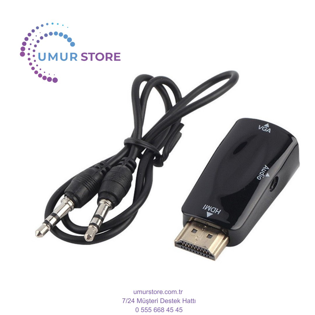 1080P HDMI Erkek - VGA Dişi Adaptör 3,5 mm Ses Çıkış Kablosu Siya