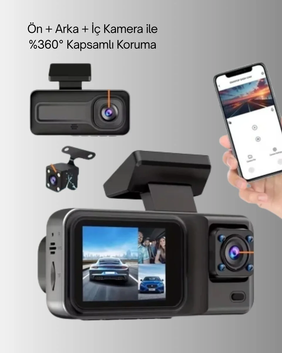 1080P Üç Kameralı Araç Kamerası Wi-Fi Destekli Park Modu ve G-Sensörlü - Güvenli Sürüş İçin Tam Koruma