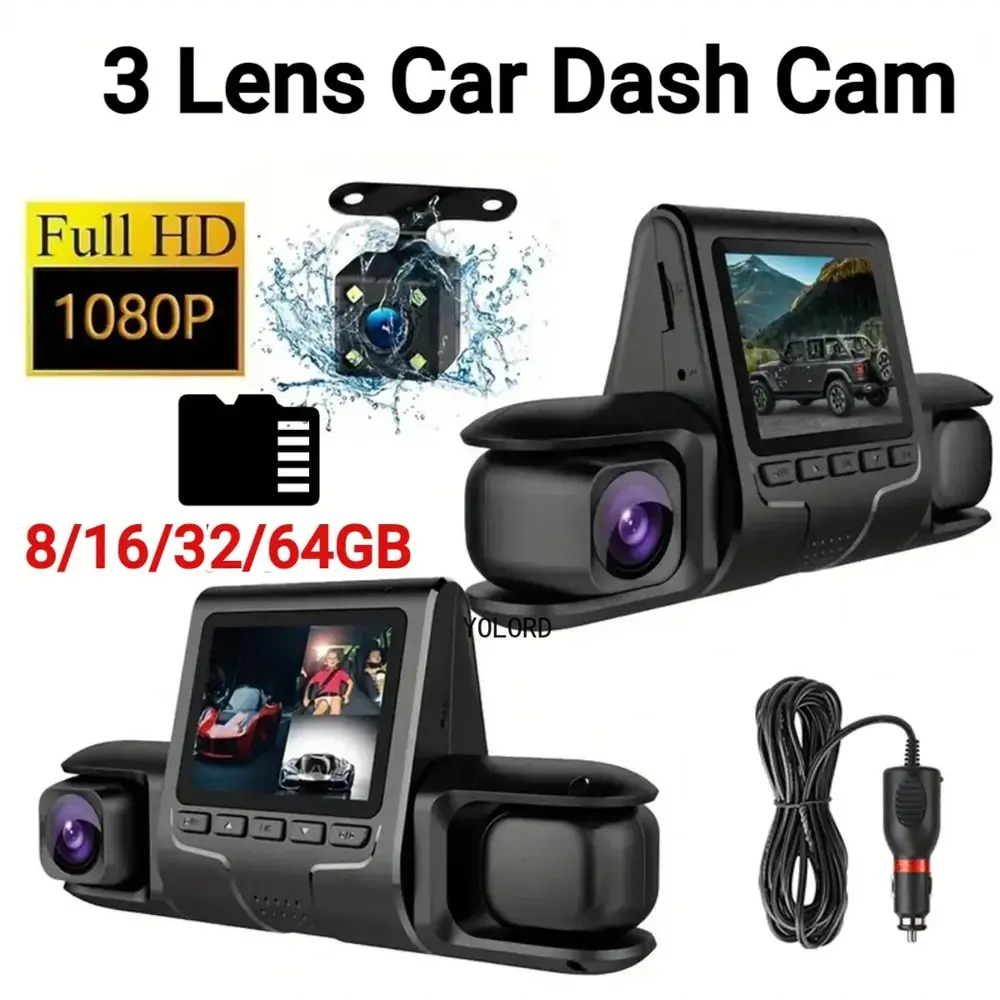 1080P Üçlü Lens Araba Dash Cam Dashcam Ön İç &amp;amp; Arka HD Ar