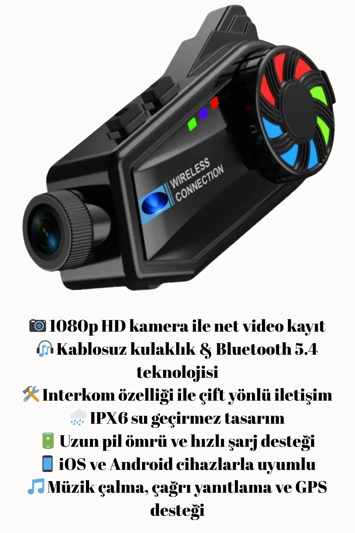 1080P Video Kayıt Özellikli, Su Geçirmez ve Bluetooth 5.4 Motorcu Interkom Kulaklığı