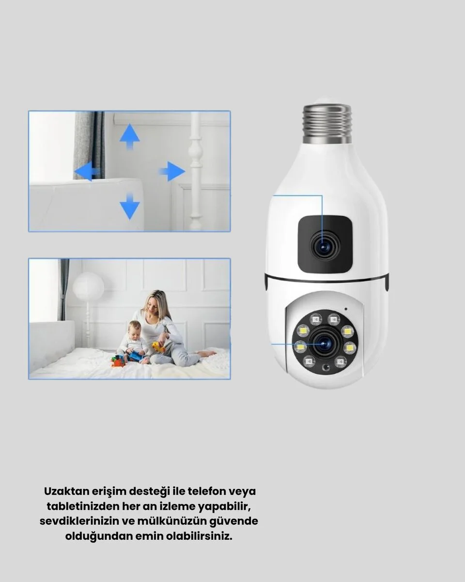 1080P WiFi Ampul Kamera Uzaktan Erişimli Hareket Sensörlü Gece Görüşlü