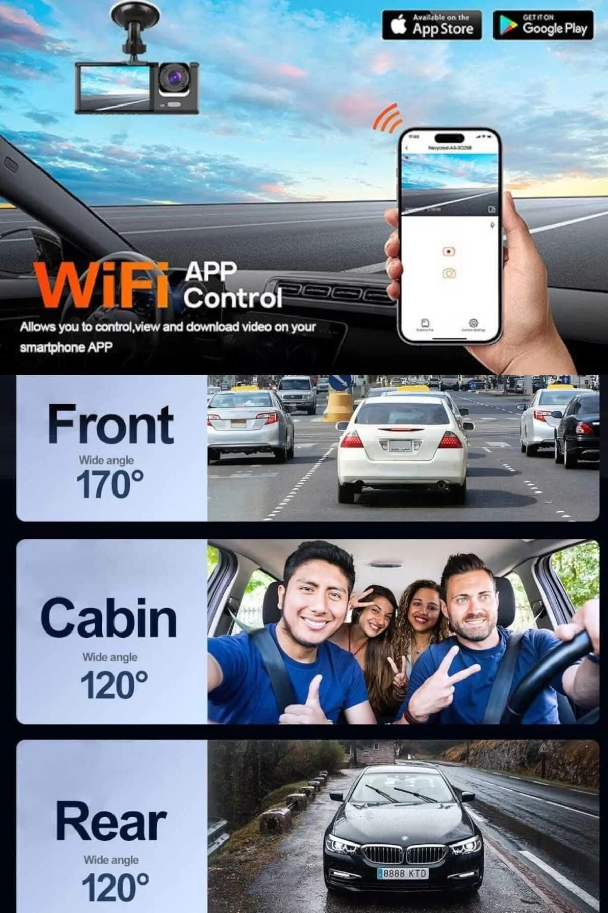 1080p Wifi Full Hd Araç Içi Kamera Arka Ön Iç Kayıt 3 Kamera Gece