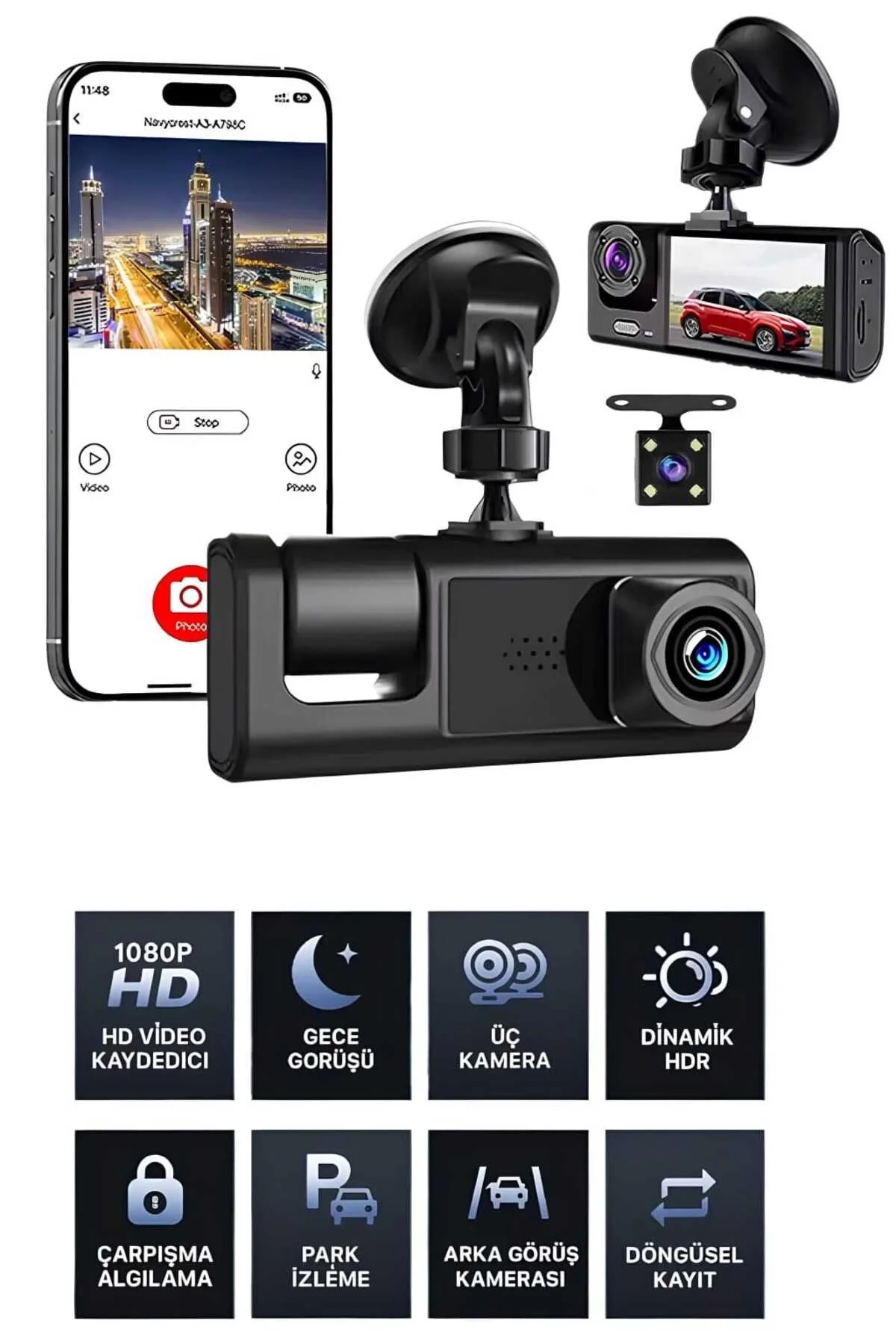 1080p Wifi Full Hd Araç Içi Kamera Arka Ön Iç Kayıt 3 Kamera Gece