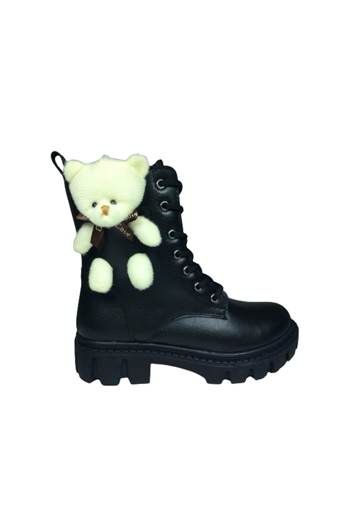 1087 Filet Kız Çocuk Siyah Ayıcıklı Bot Bağcıklı Yanı Fermuarlı A