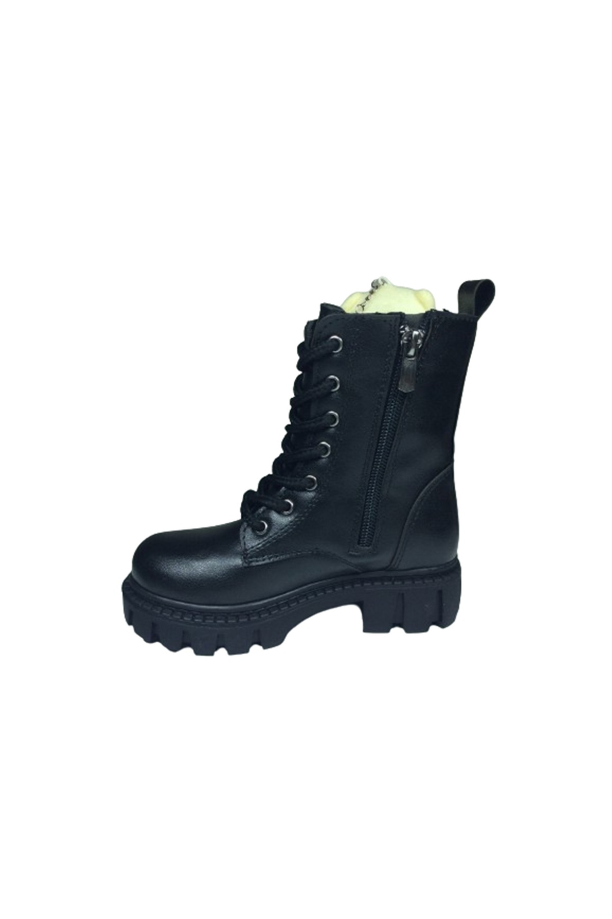 1087 Patik Kız Çocuk Siyah 2 Ayıcıklı Bot Bağcıklı Yanı Fermuarlı