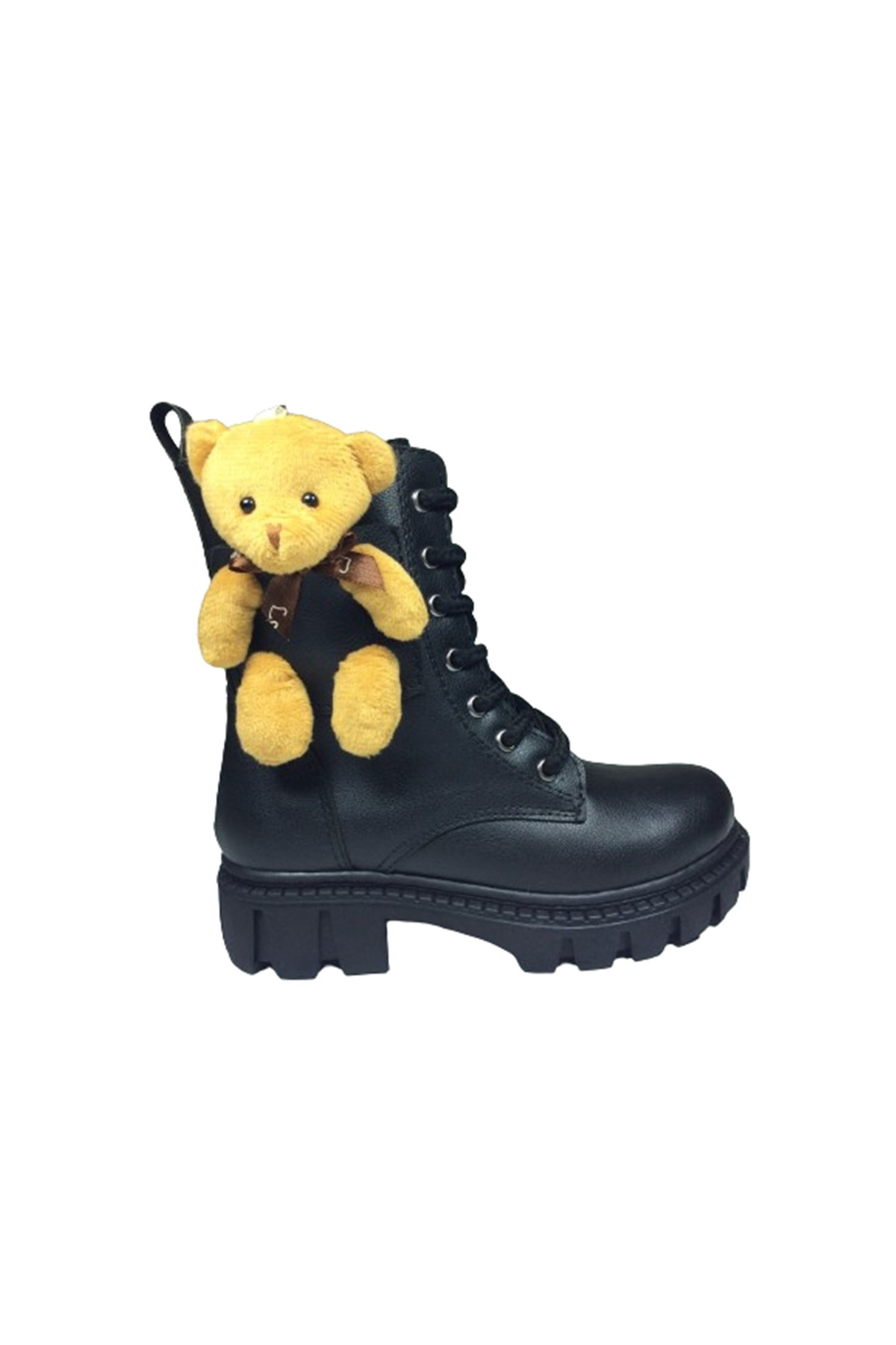 1087 Patik Kız Çocuk Siyah Ayıcıklı Bot Bağcıklı Yanı Fermuarlı A