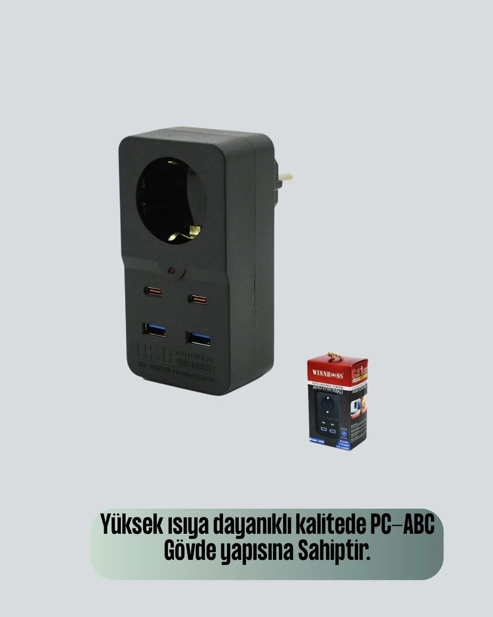 10A 2500W Tip Akım Koruma Prizi USB Type C Destekli - Güvenli Priz