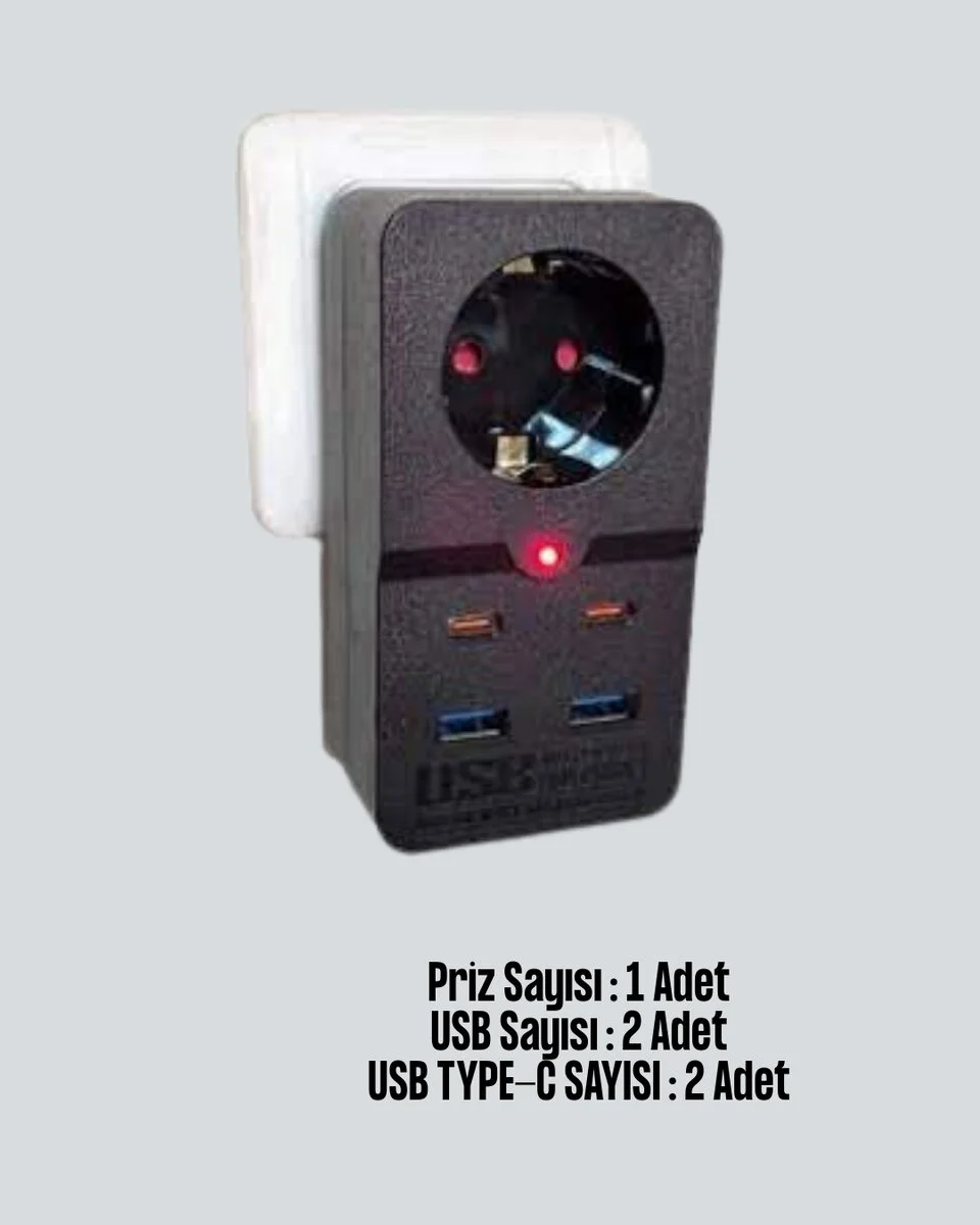 10A 2500W Tip Akım Koruma Prizi USB Type C Destekli - Güvenli Priz