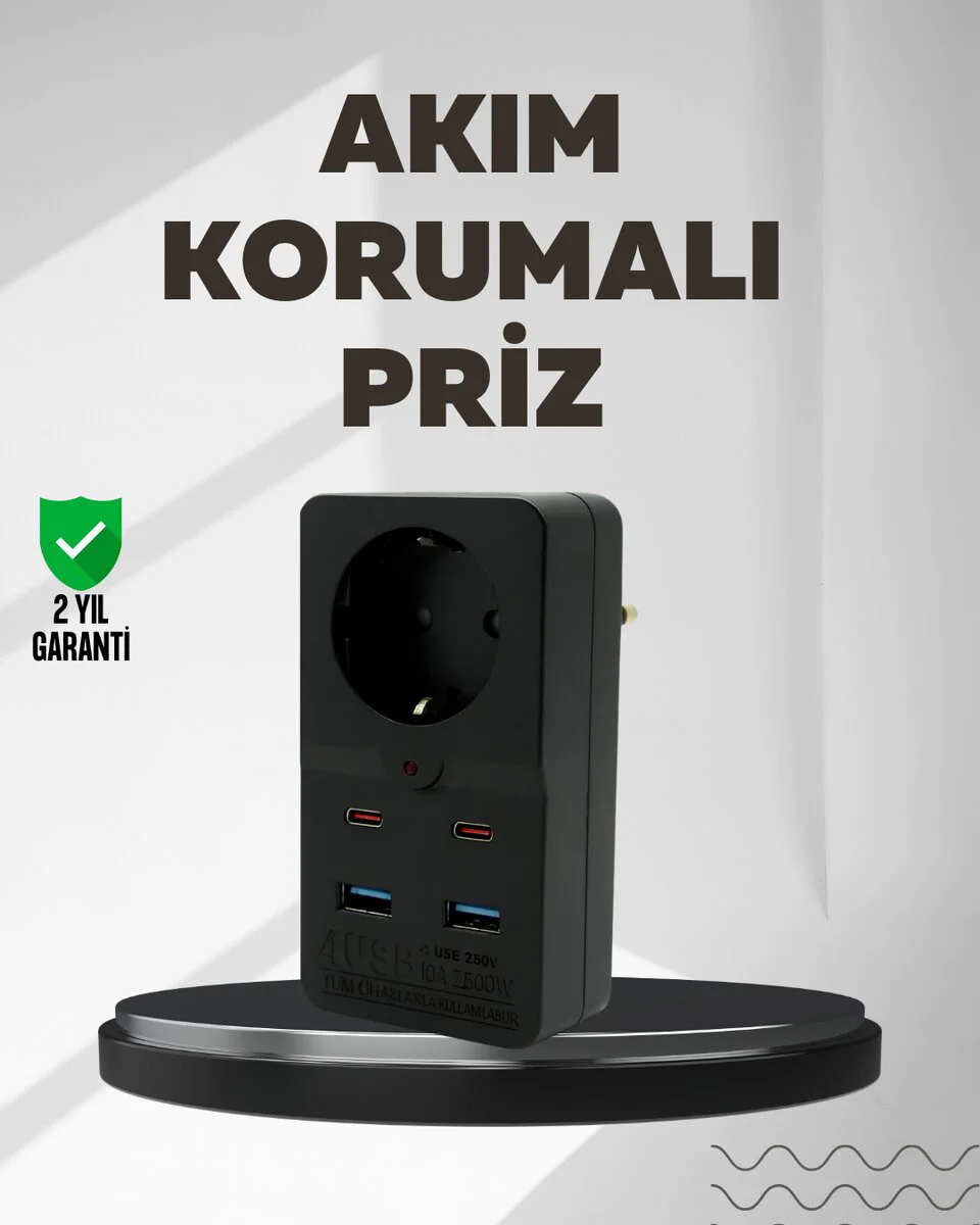 10A 2500W Tip Akım Koruma Prizi USB Type C Destekli - Güvenli Priz