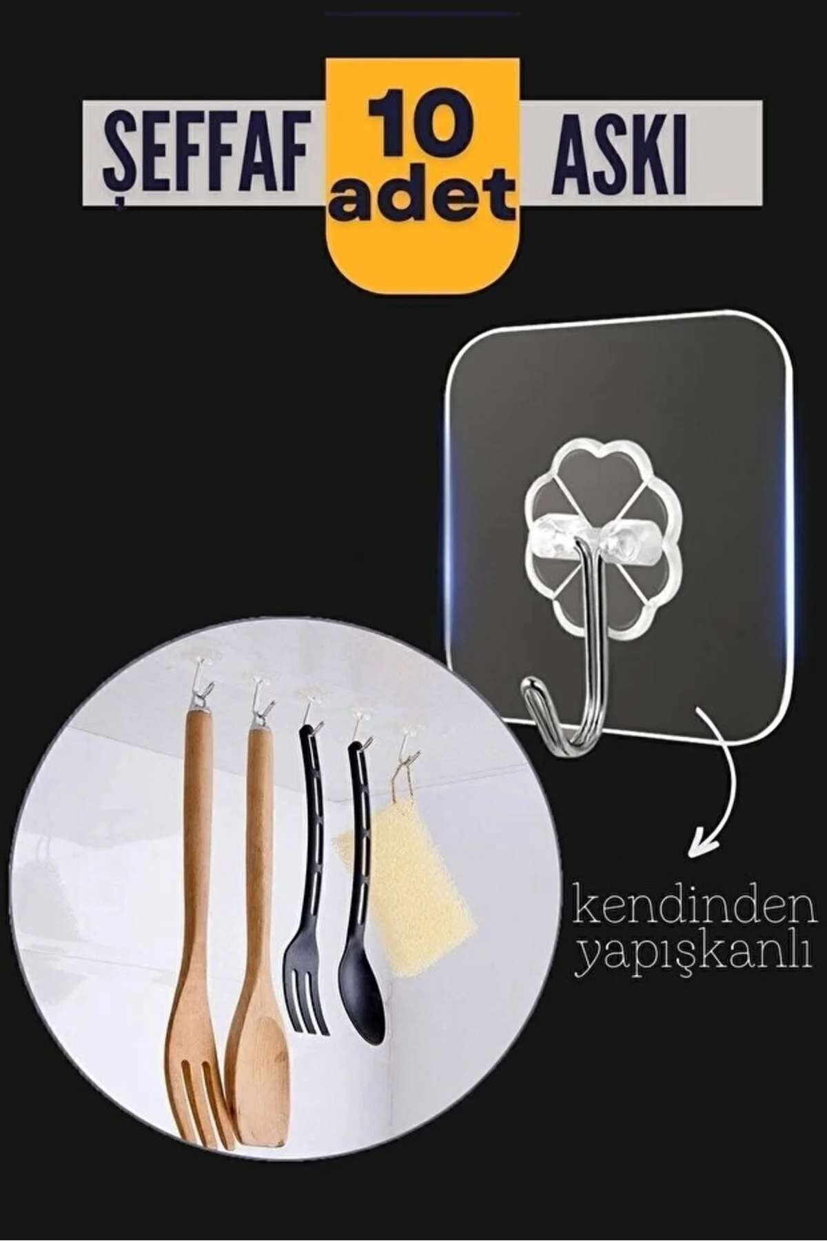 10'lu Şeffaf Kendinden Yapışkanlı Güçlü Askı Kancası, Ban 10'lu Şeffaf Kendinden Yapışkanlı Güçlü Askı Kancası, Ban