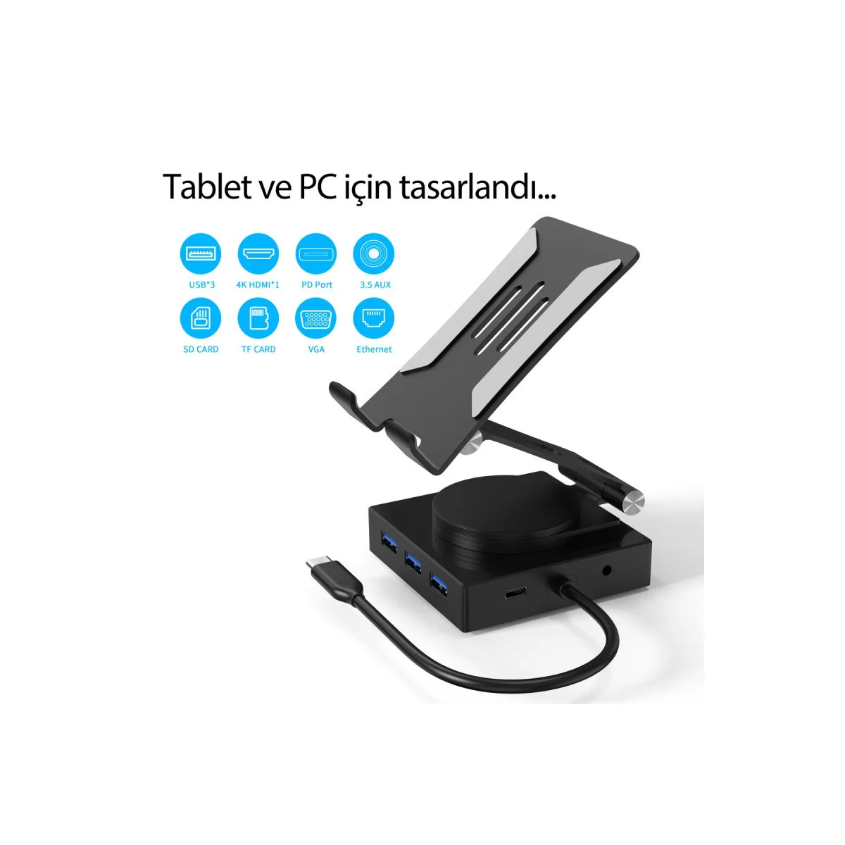10in1 Dönüştürücü Hub HDMI VGA USB-C PD Güçlü Adaptör - 4K 60Hz Uzay Genişletici (Gri)