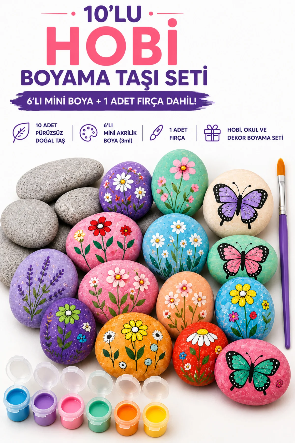 10’lu Hobi Boyama Taşı Seti + 6 Renk Boya + 1 Fırça | DIY Hobi Et
