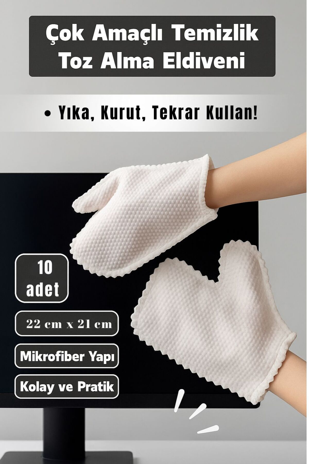 🧤 10’lu Mikrofiber Temizlik Eldiveni Seti – 22 x 21 cm
