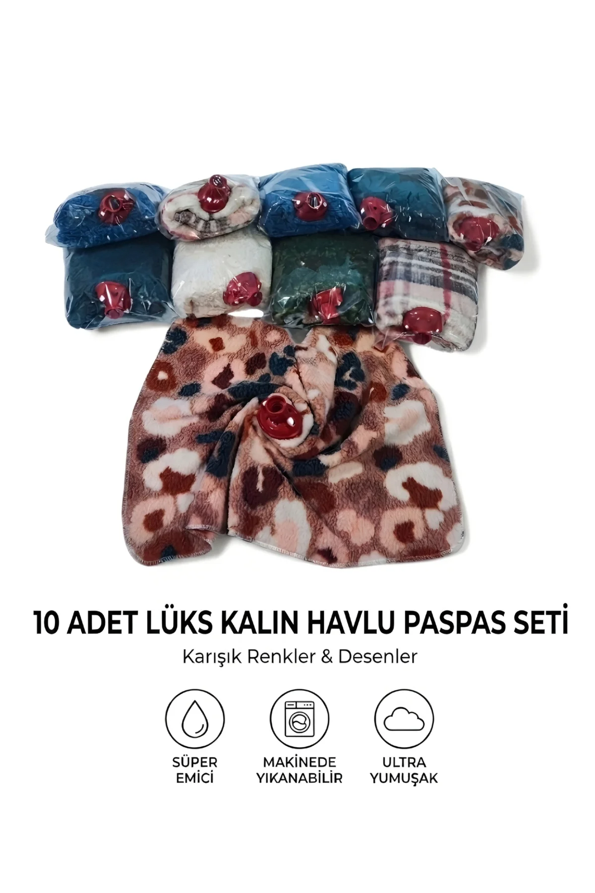 10'lu Set Ekstra Kalın Havlu Paspas Ucu - Karışık Renk ve Desenli