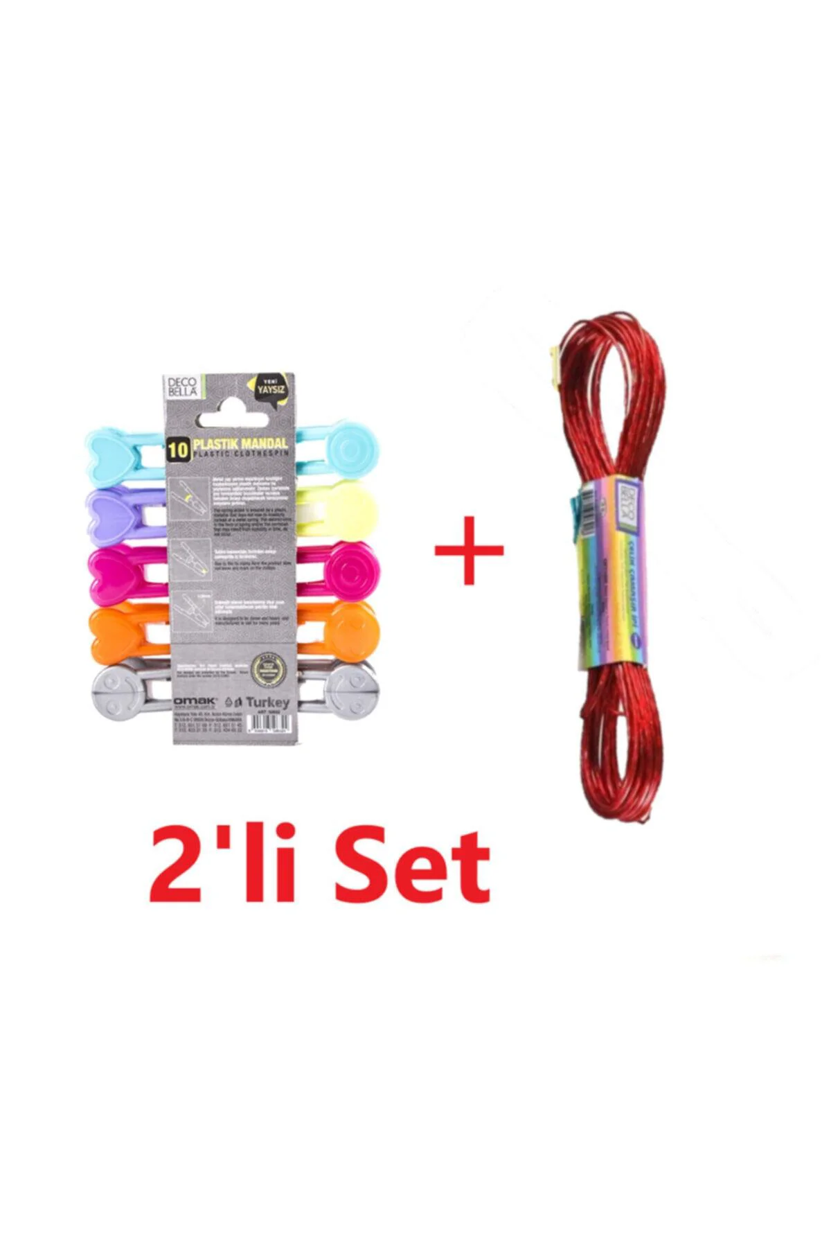 10'lu Yaysız Iz Yapmaz Mandal + 10 Metre Çelik Çamaşır Ipi, 2'li 