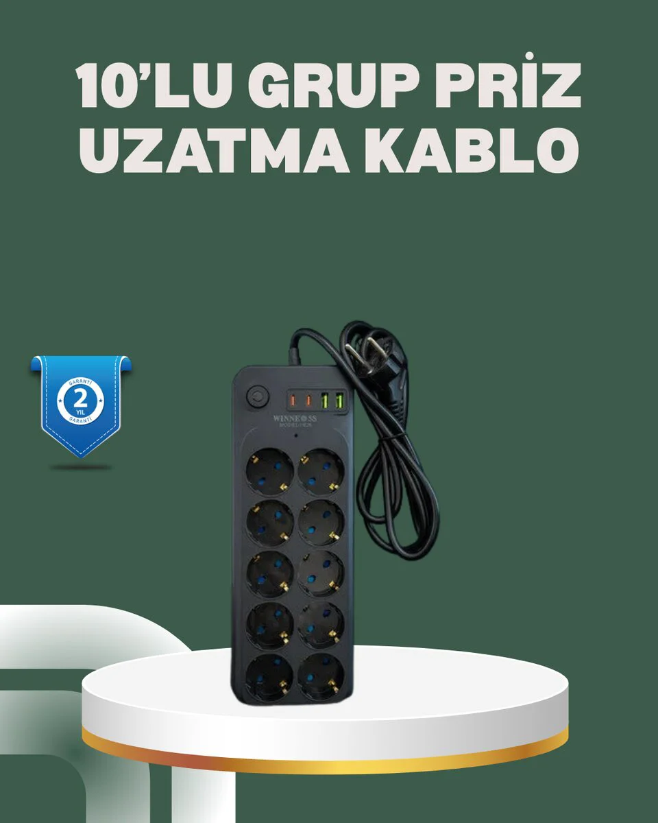 10'luk Termal Koruma Sistemli USB Type-C Grup Priz - 2m Kablo, 2500W Güç, Ev ve Ofis İçin