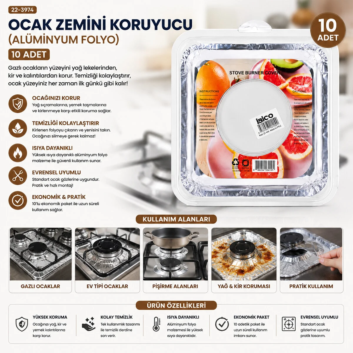 10PCS 20.5CM Ocak Zemini Koruyucu Alüminyum Folyo Fiyatı, Yorumları ve Özellikleri