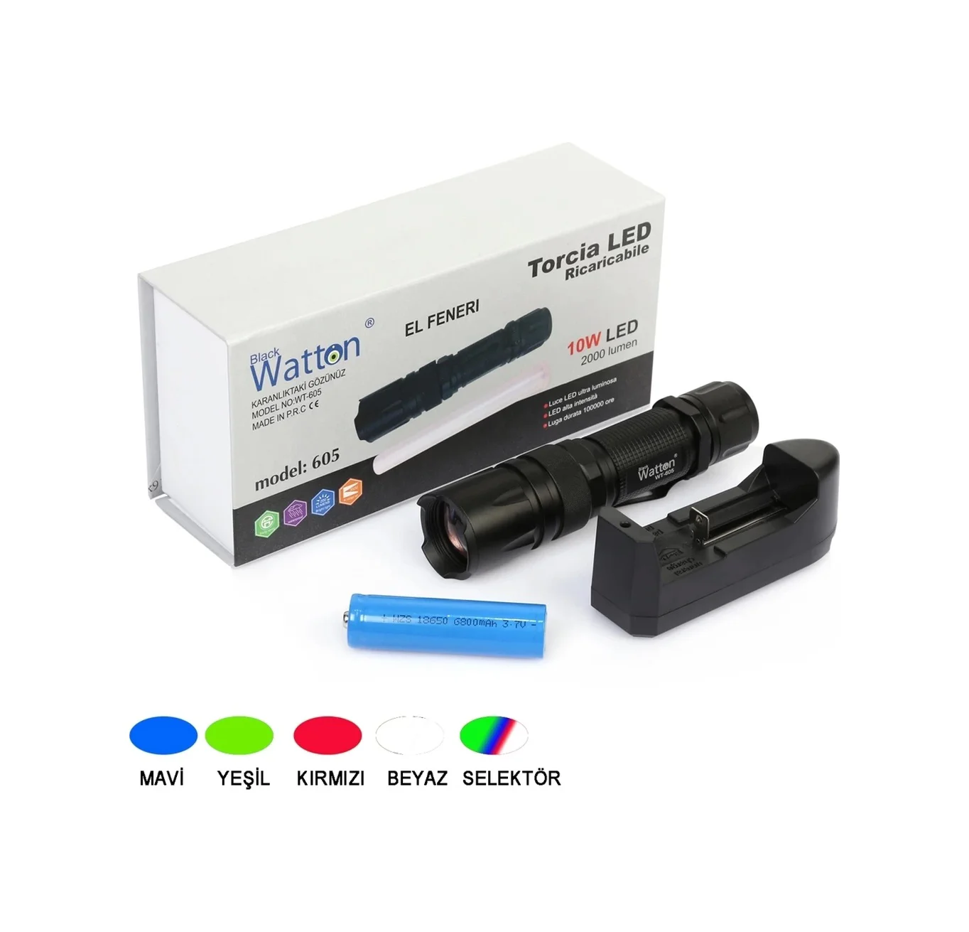 10w 2000 Lümen 4 Renk Güçlü El Feneri Wt-605 Diğer 10w 2000 Lümen 4 Renk Güçlü El Feneri Wt-605 Diğer