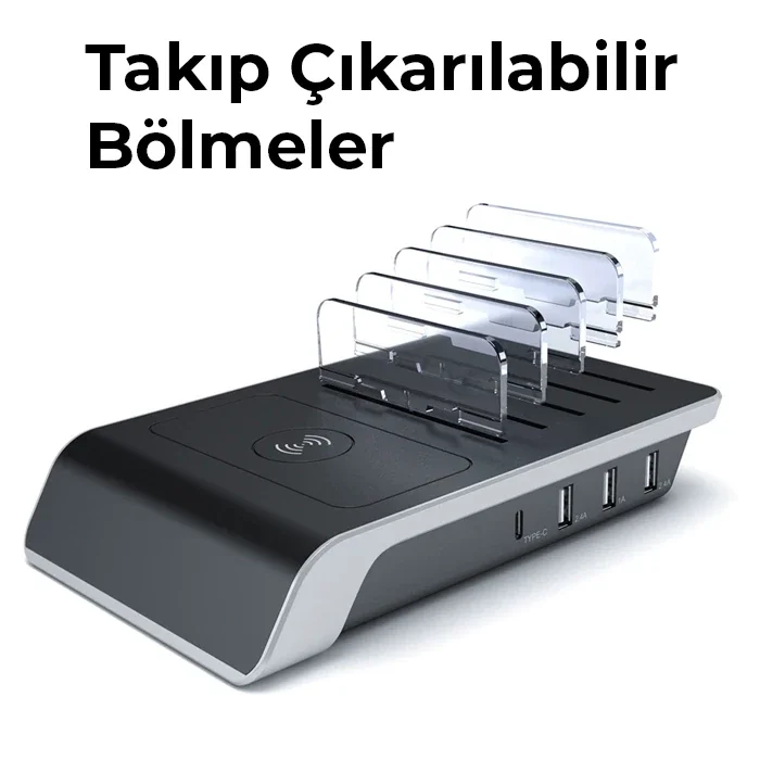 10W Kablosuz Şarj Standı & 5'li Organizer - Çoklu USB+Type-C