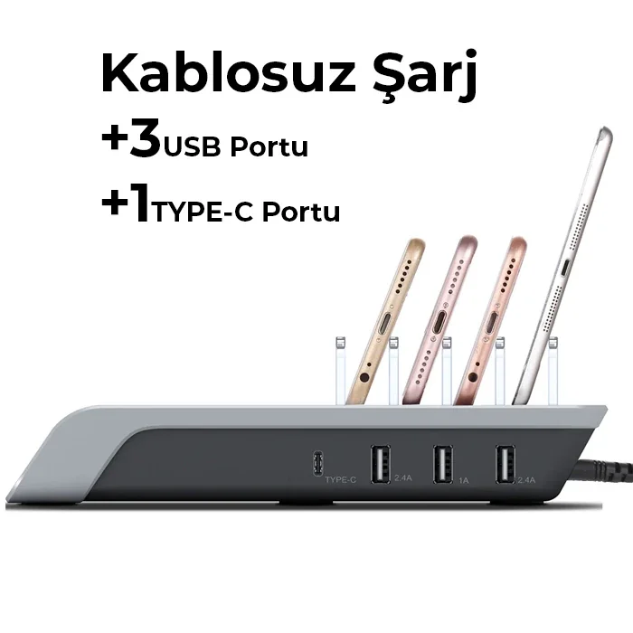 10W Kablosuz Şarj Standı & 5'li Organizer - Çoklu USB+Type-C