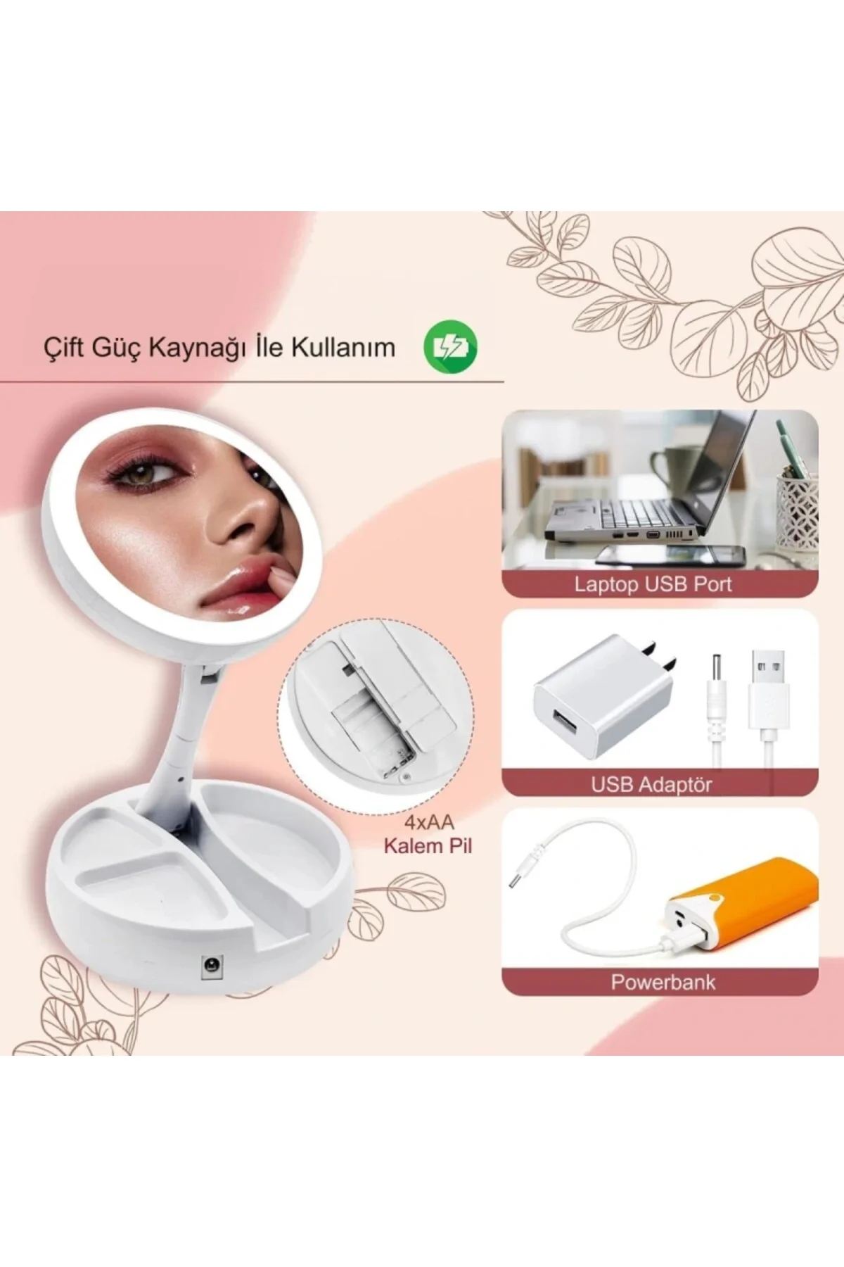 10X Büyütme Çift Taraflı Katlanabilir 21 LED Işıklı Makyaj Aynası USB Kablo