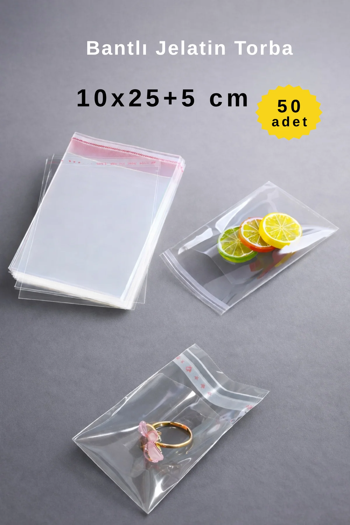 10x25+5 cm Bantlı Şeffaf CPP Jelatin Torba - 50 Adet - Dayanıklı 10x25+5 cm Bantlı Şeffaf CPP Jelatin Torba - 50 Adet - Dayanıklı
