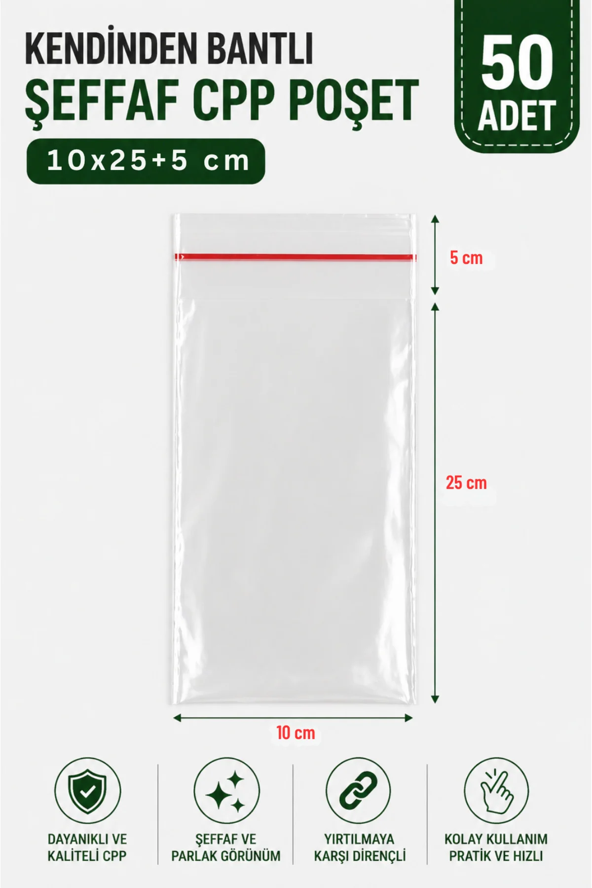 10x25+5 cm Bantlı Şeffaf CPP Jelatin Torba - 50 Adet - Dayanıklı 10x25+5 cm Bantlı Şeffaf CPP Jelatin Torba - 50 Adet - Dayanıklı