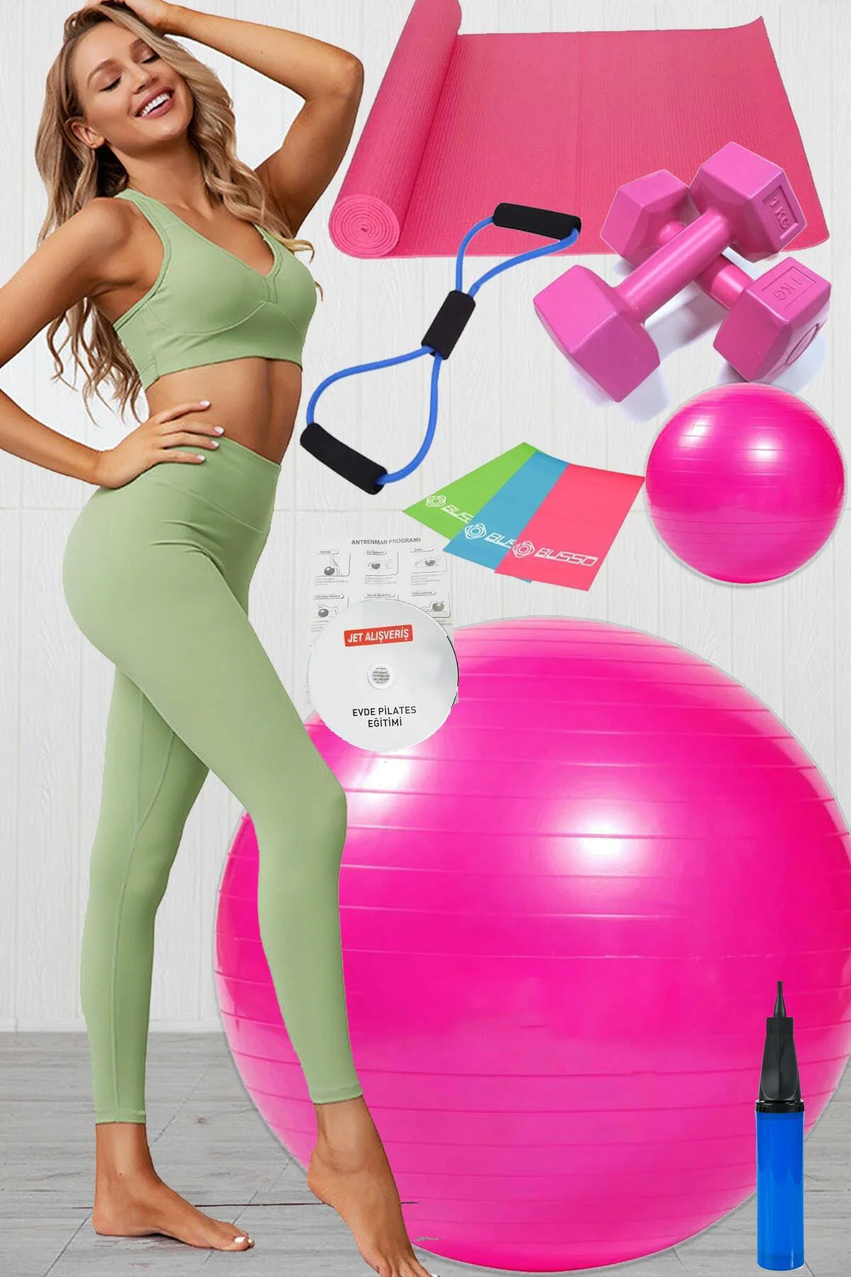11 Li Pilates Seti Takımı Topu 3 Lü Pilates Bandı Lastiği Dambıl 