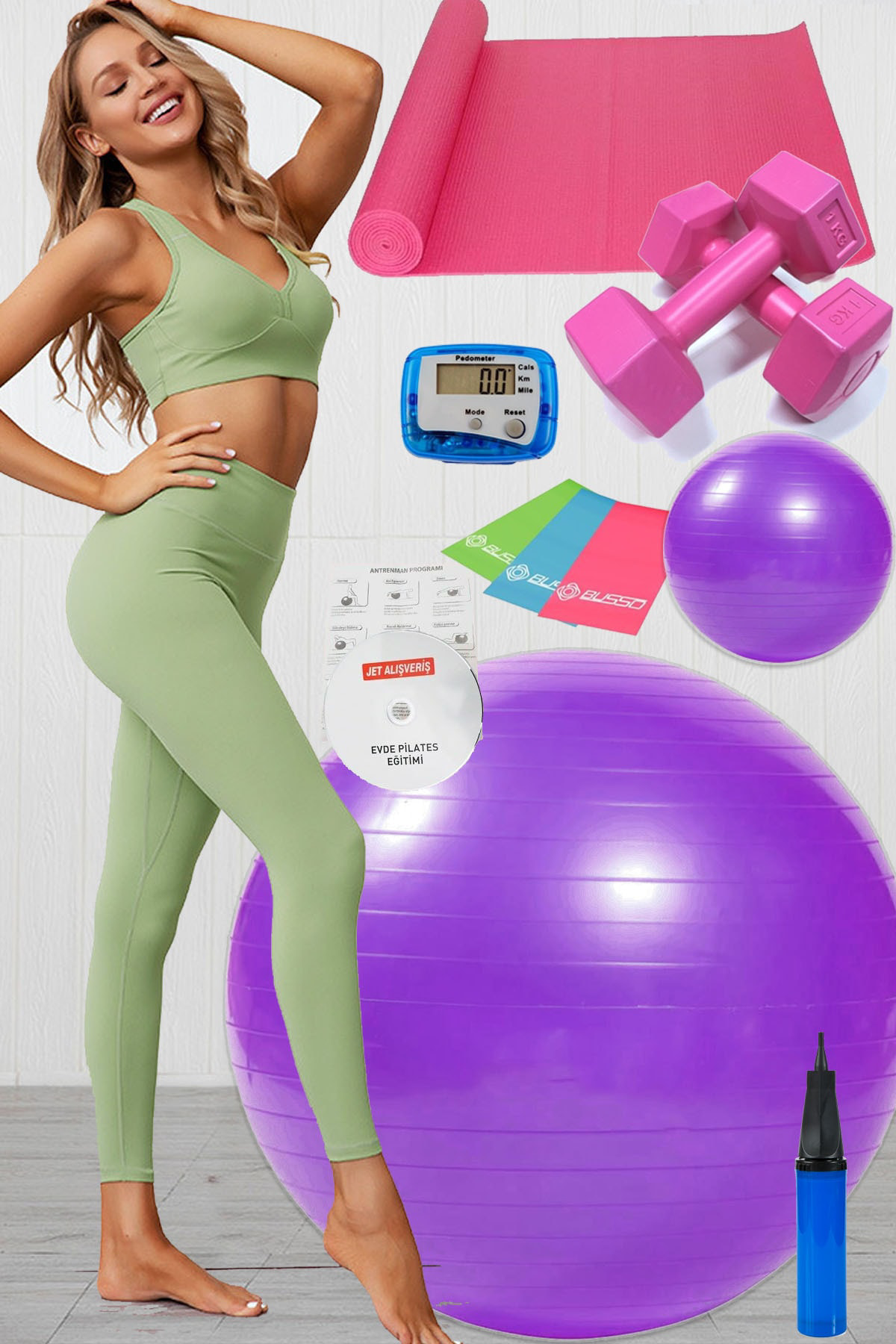 11 Li Pilates Seti Takımı Topu 3 Lü Pilates Bandı Lastiği Dambıl