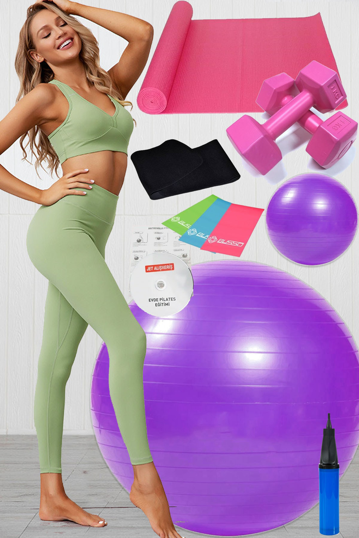 11 Li Pilates Seti Takımı Topu 3 Lü Pilates Bandı Lastiği Dambıl