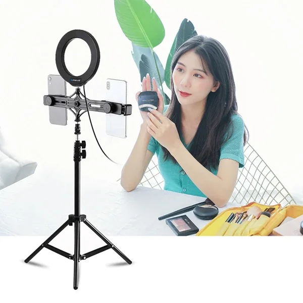 1,1 m Çift Telefon Tutuculu LED Halka Işıklı Canlı Yayın Tripodu - Selfie TikTok Makyaj Standı