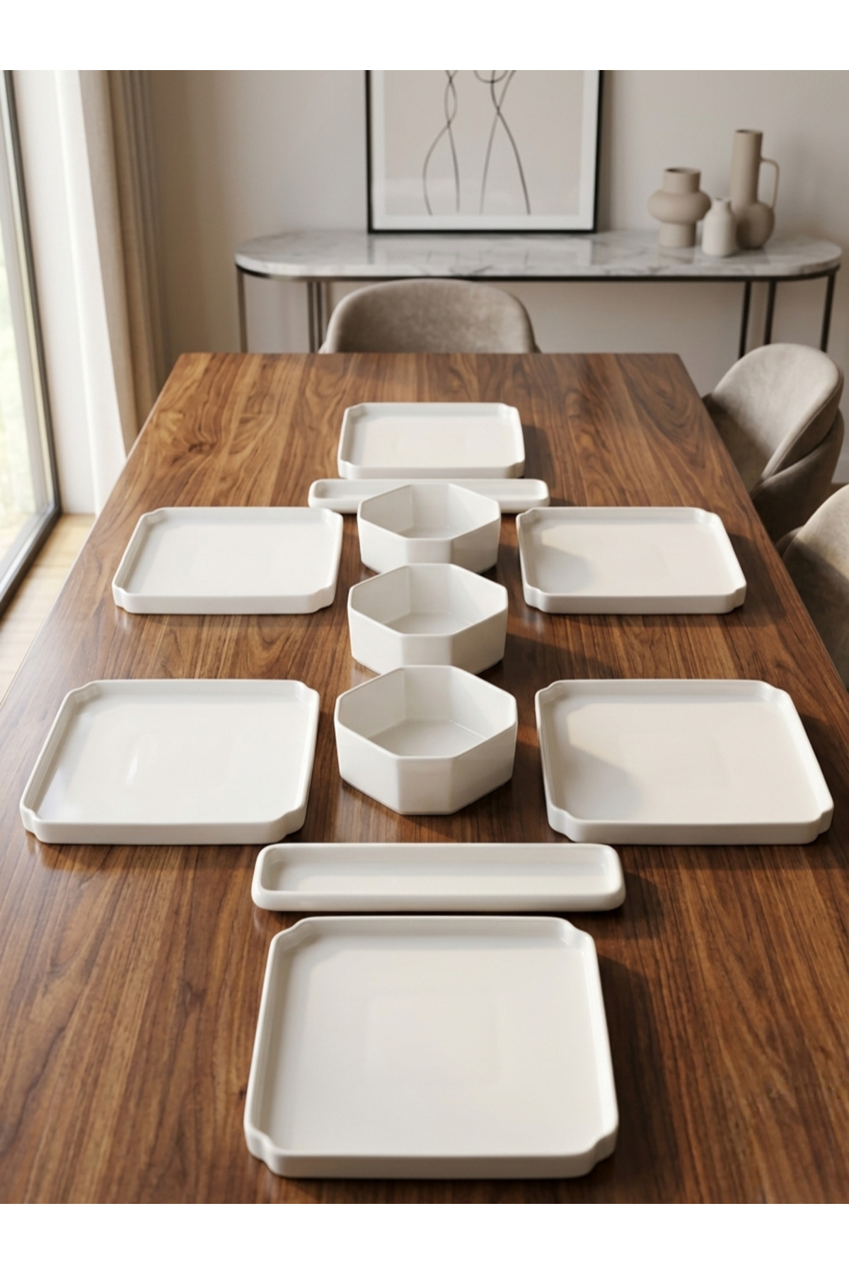 11 Parça Porselen Kahvaltı Takımı Ve Sunum Seti - Altıgen Ve Dikd