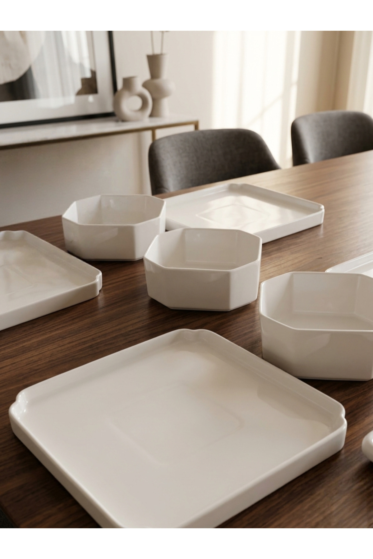 11 Parça Porselen Kahvaltı Takımı Ve Sunum Seti - Altıgen Ve Dikd