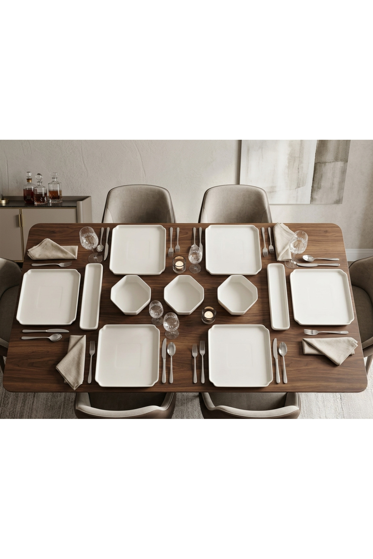 11 Parça Porselen Kahvaltı Takımı Ve Sunum Seti - Altıgen Ve Dikd