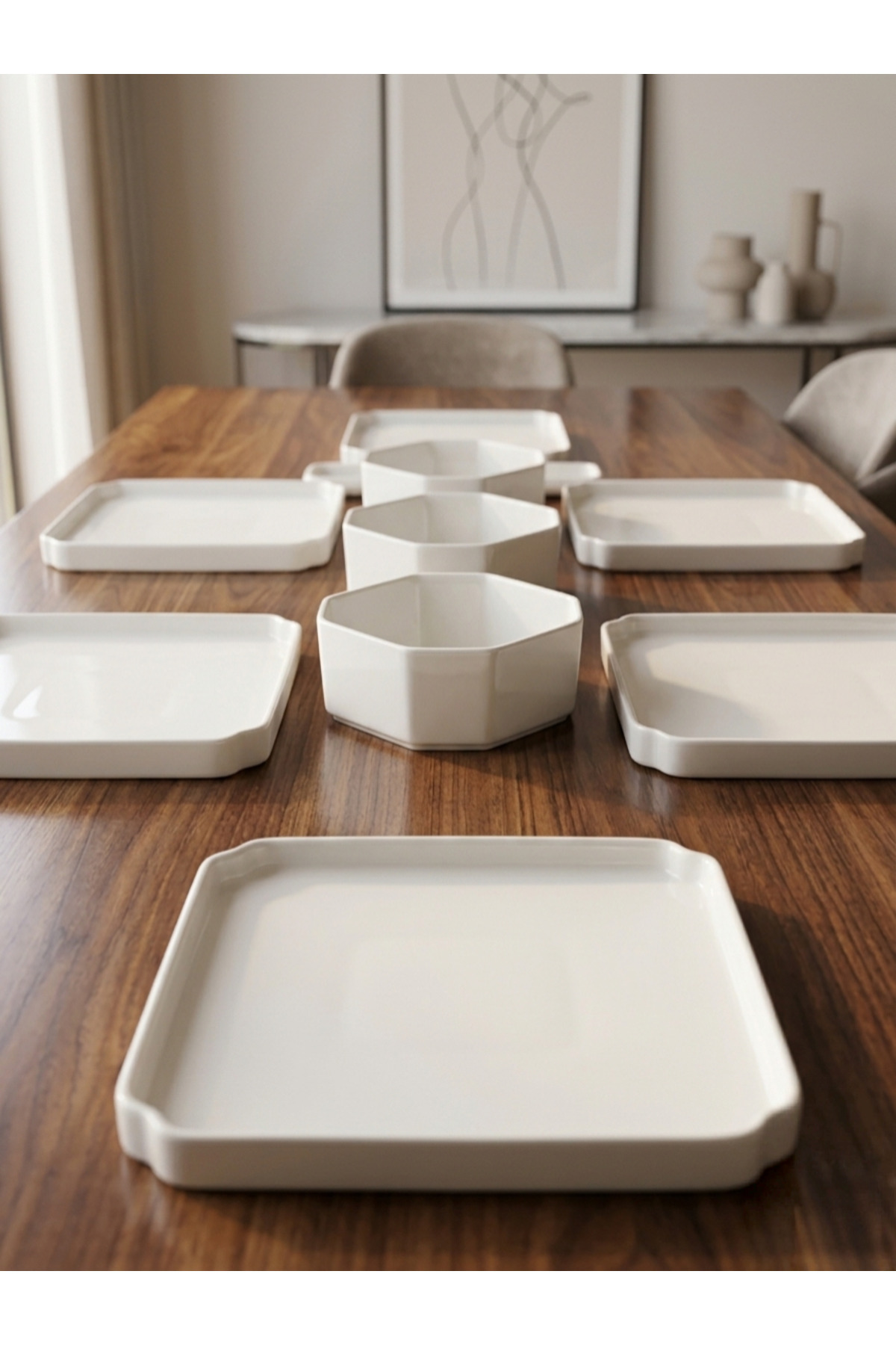 11 Parça Porselen Kahvaltı Takımı Ve Sunum Seti - Altıgen Ve Dikd