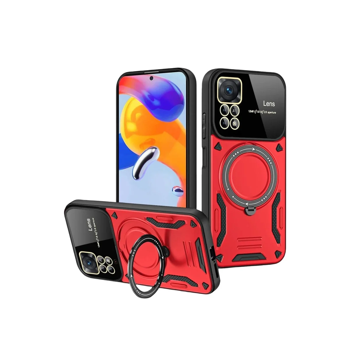 11 Pro Plus Joy Lens Standlı Kapak - 360° Döner Halka & Askeri Koruma (Kırmızı)