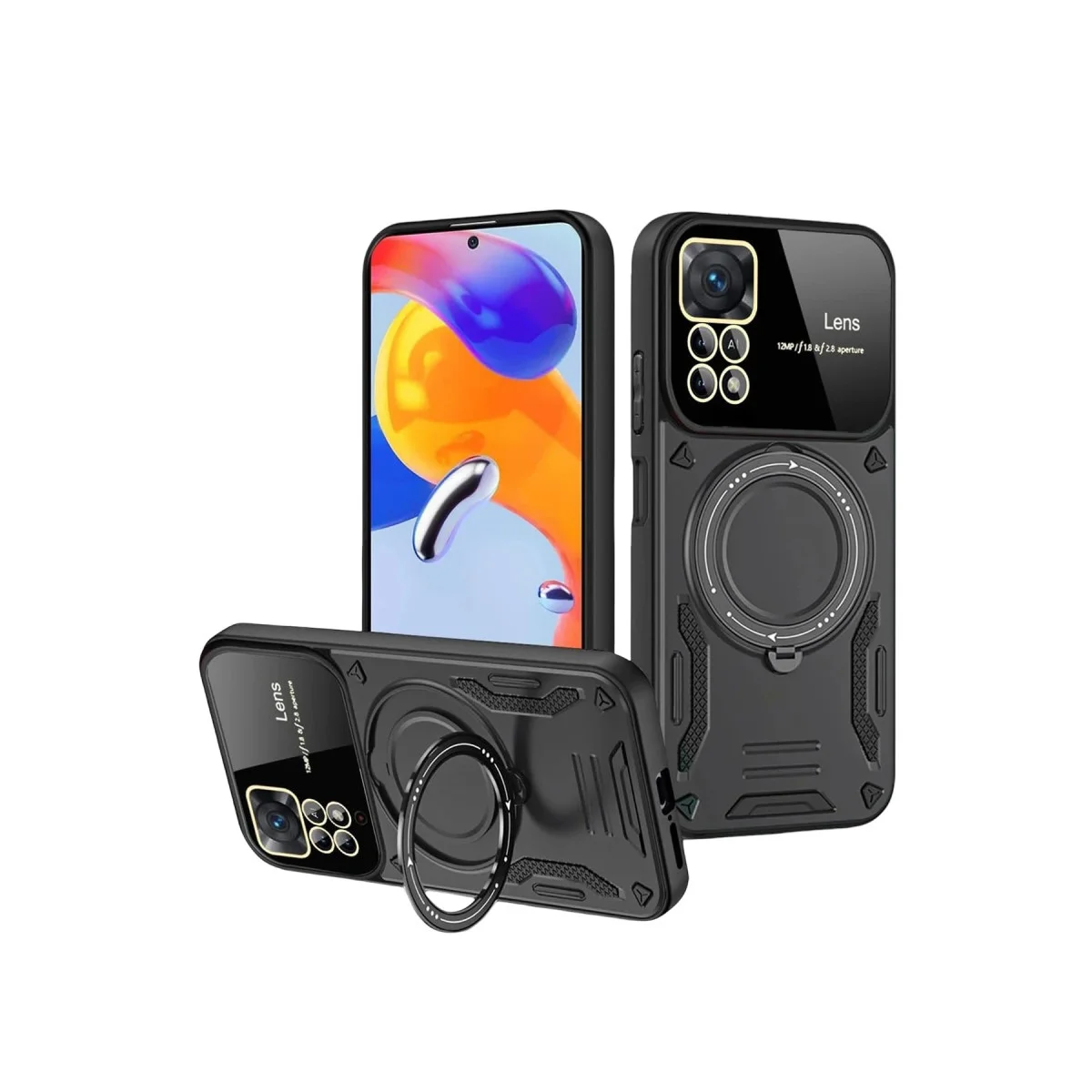 11 Pro Plus Joy Lens Standlı Kapak - Siyah, 360° Döner ve Darbe Korumalı Hafif Cep Telefonu Kılıfı
