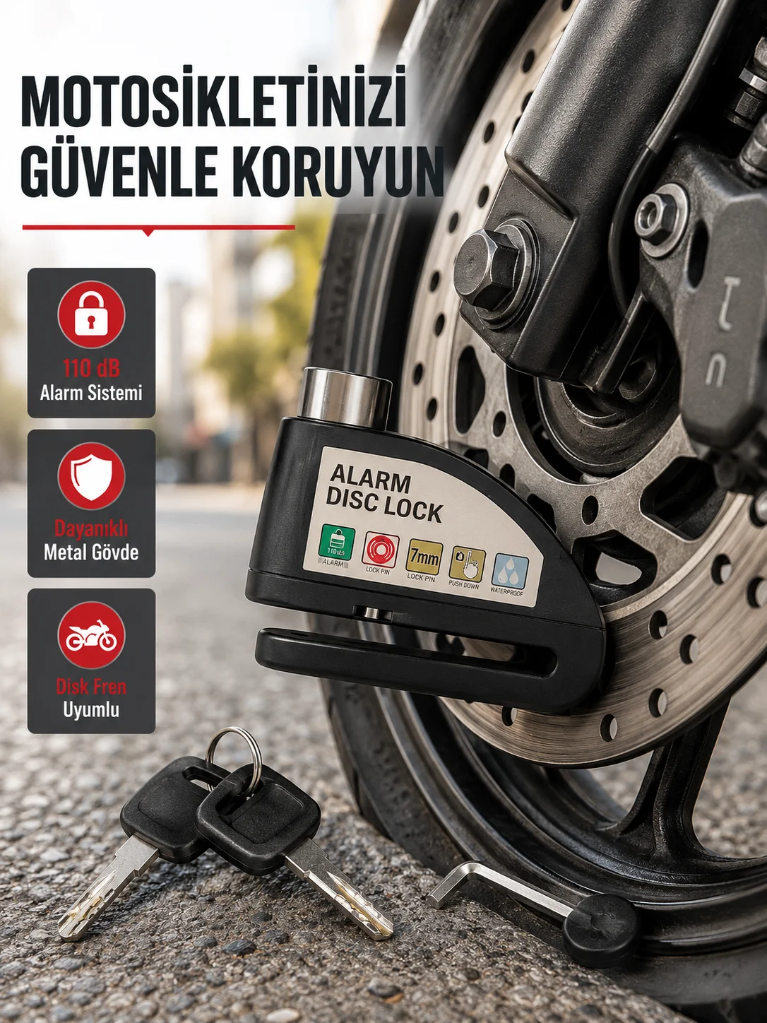 110 dB Alarmlı Disk Fren Kilidi Su Geçirmez Çelik Gövde Motosiklet Güvenlik Fiyatı, Yorumları ve Özellikleri